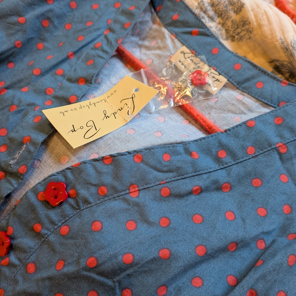 Lindy Bop Blue Dress with Pink Polka Dots and Red Button
